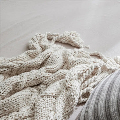 REGINA Chunky Knit Blanket Beige Soft Tassel