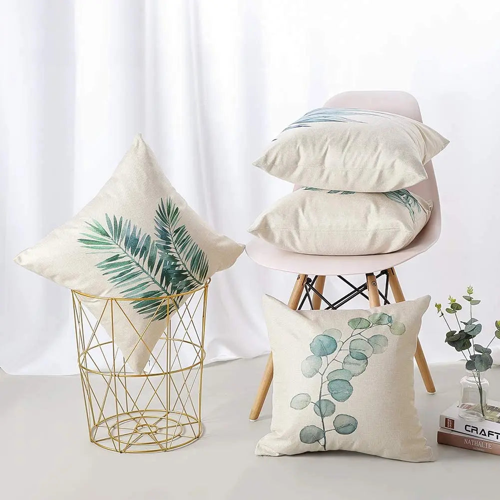 Green plant leaf linen cushion cover trim, pillowcase home decor, suitable for sofa, car, bedroom 40x40 45x45 50x50 60x60